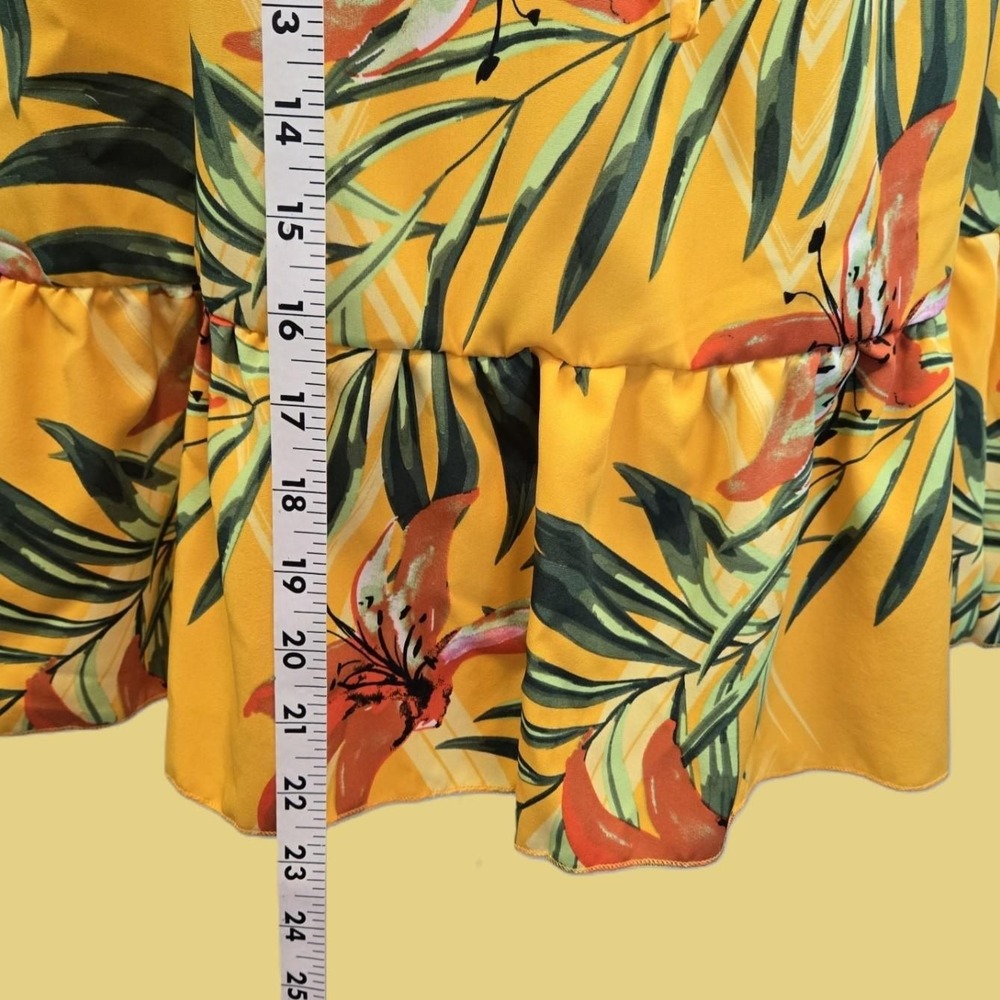 Yellow Floral Halter Dress Tropical Print Open Back Ruffle Bottom - Picture 6 of 9